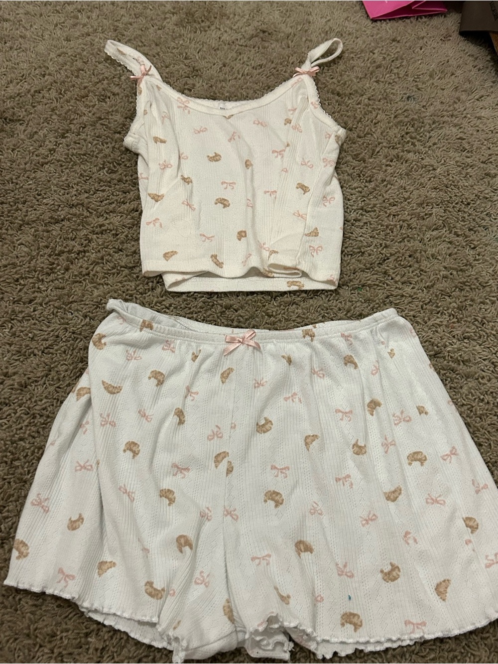 White Cropped Pajama Set with Pink Bows